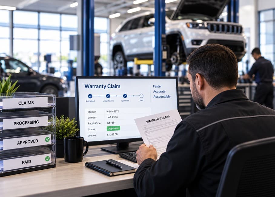 A service advisor reviewing an approved warranty claim on screen, with a dealership service bay behind him