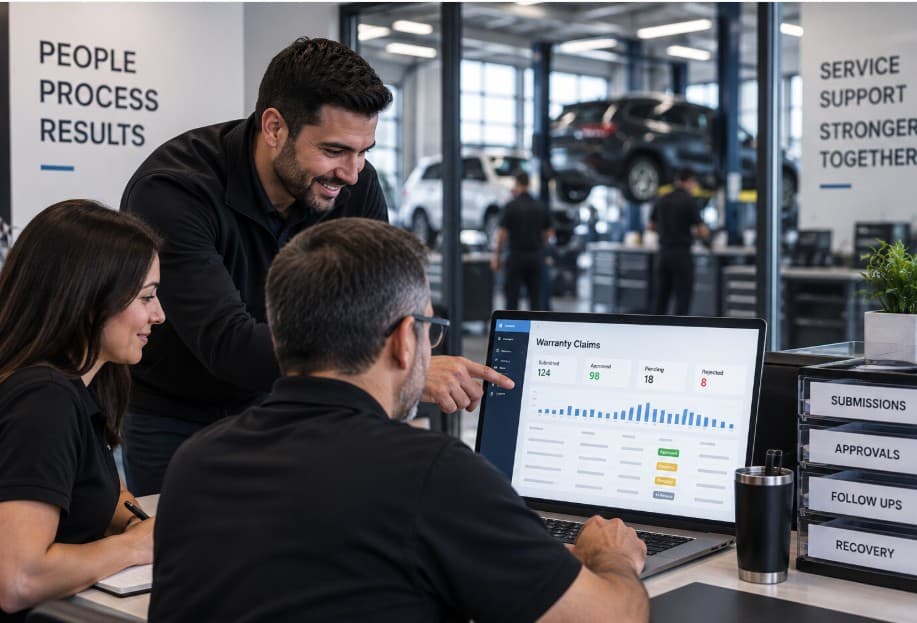 A ClaimSafe team reviewing warranty claim submissions, approvals, and recoveries on screen